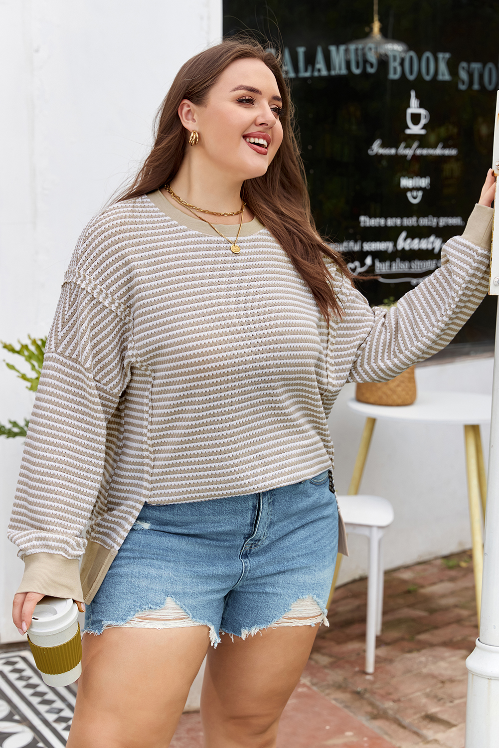 Brown Stripe Plus Size Breathable Knit Ribbed Trim Long Sleeve Top - Image 4
