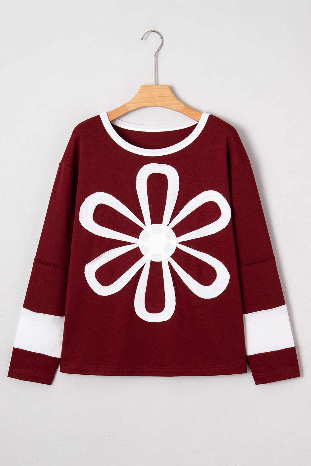 Red Dahlia Cheerful Daisy Flower Patched Round Neck Long Sleeve Top - Image 5