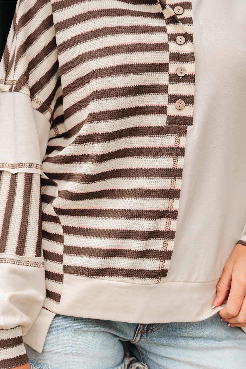 Khaki Stripe Stitched Detail Color Block Patchwork Oversized Pullover Top - Image 7