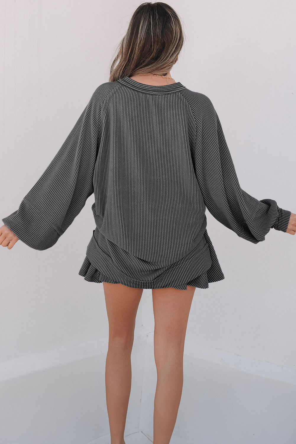Dark Grey Corded Lantern Sleeve Top High Waist Ruffled Mini Skirt Set - Image 2
