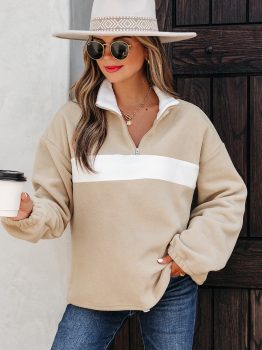 Parchment Fleece Colorblock Patchwork Zipped Neck Pullover Sweatshirt