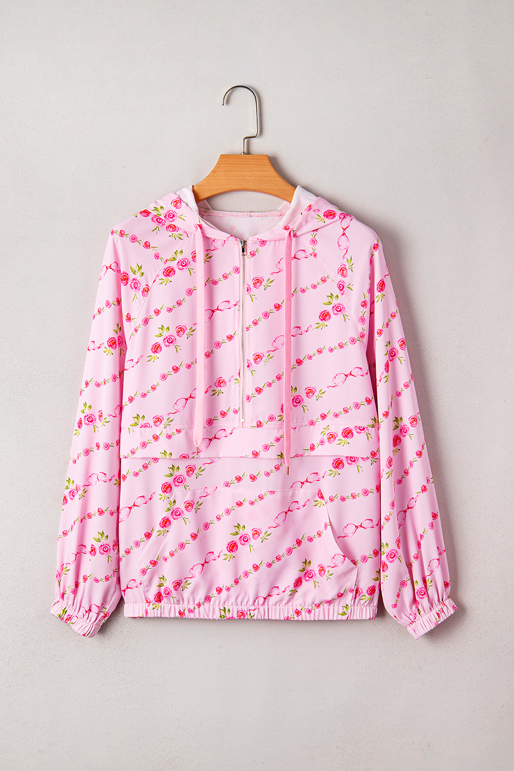 Pink Floral Print Half Zip Kangaroo Pouch Drawstring Hoodie - Image 3