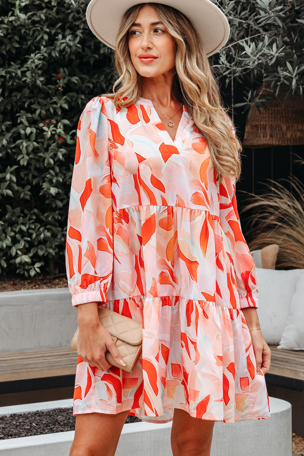 Orange Abstract Print Split Neck Long Sleeve Dress - Image 3