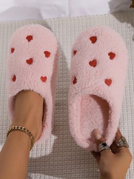 Pink Heart Shape Embroidered Slip On Plush Slippers