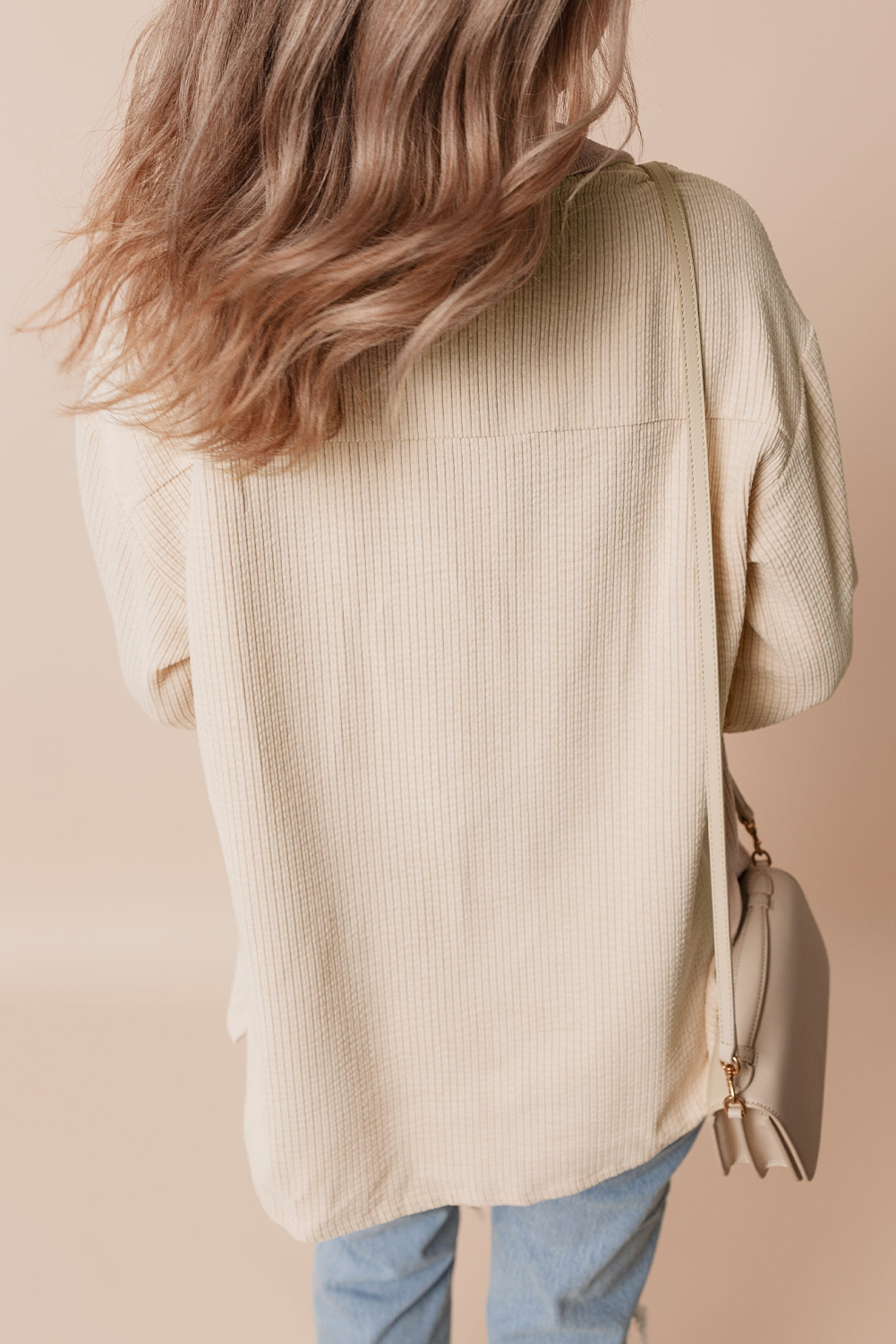 Oatmeal Corduroy Flap Pocket Button Up Shacket - Image 2