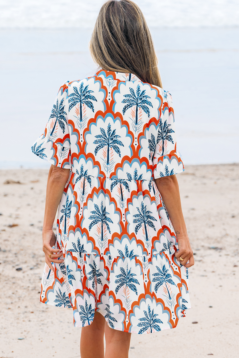 Orange Contrast Palm Tree Printed Short Sleeve Flowy Dress - Image 6