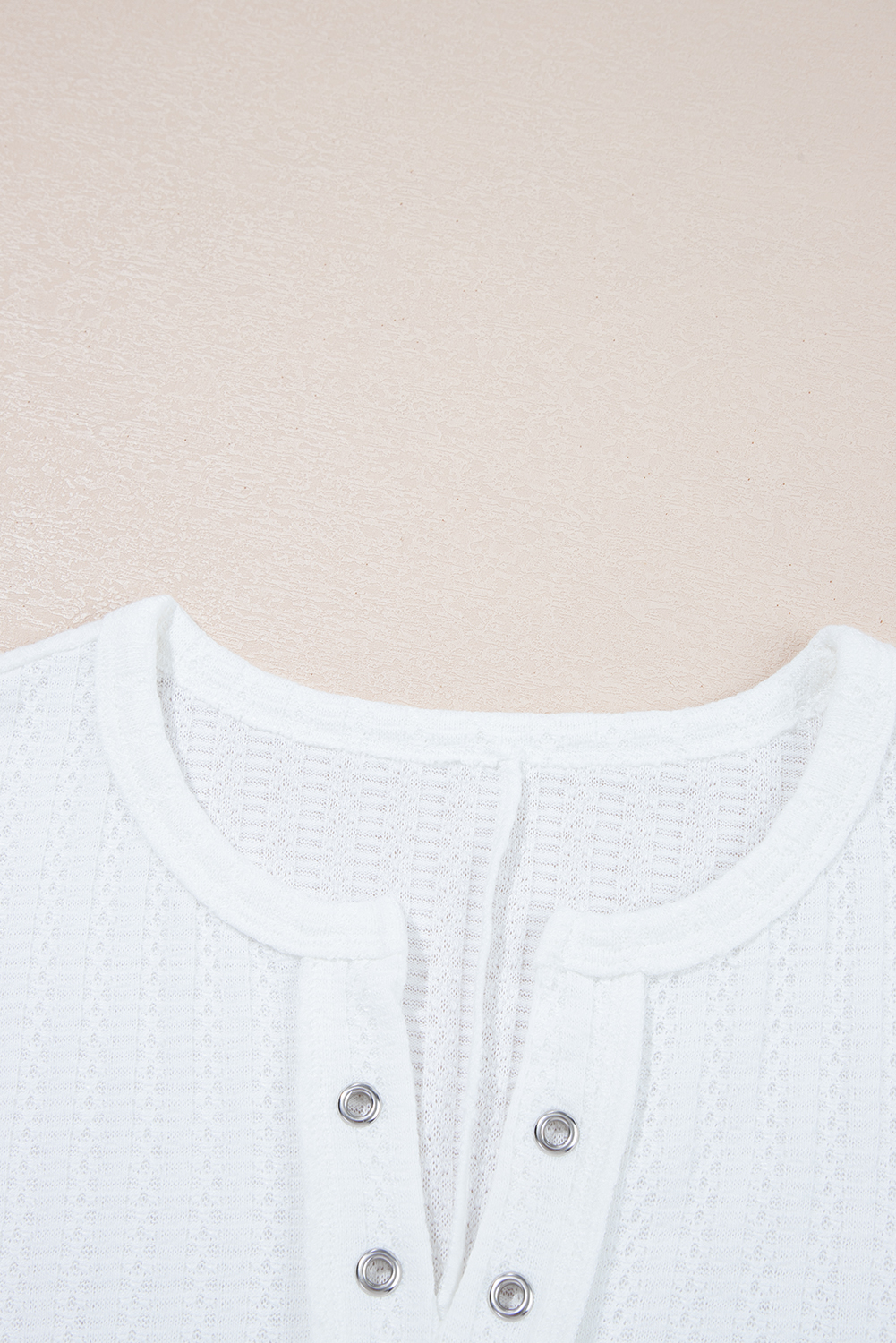 White Textured Hollow Grommet Placket Split Neck Short Sleeve Top - Image 5