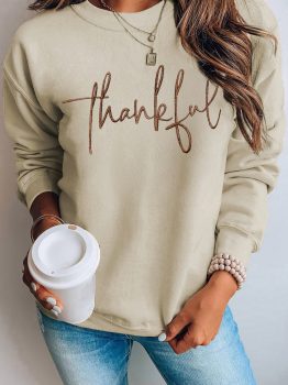 Parchment thankful Embroidered Drop Shoulder Pullover Sweatshirt