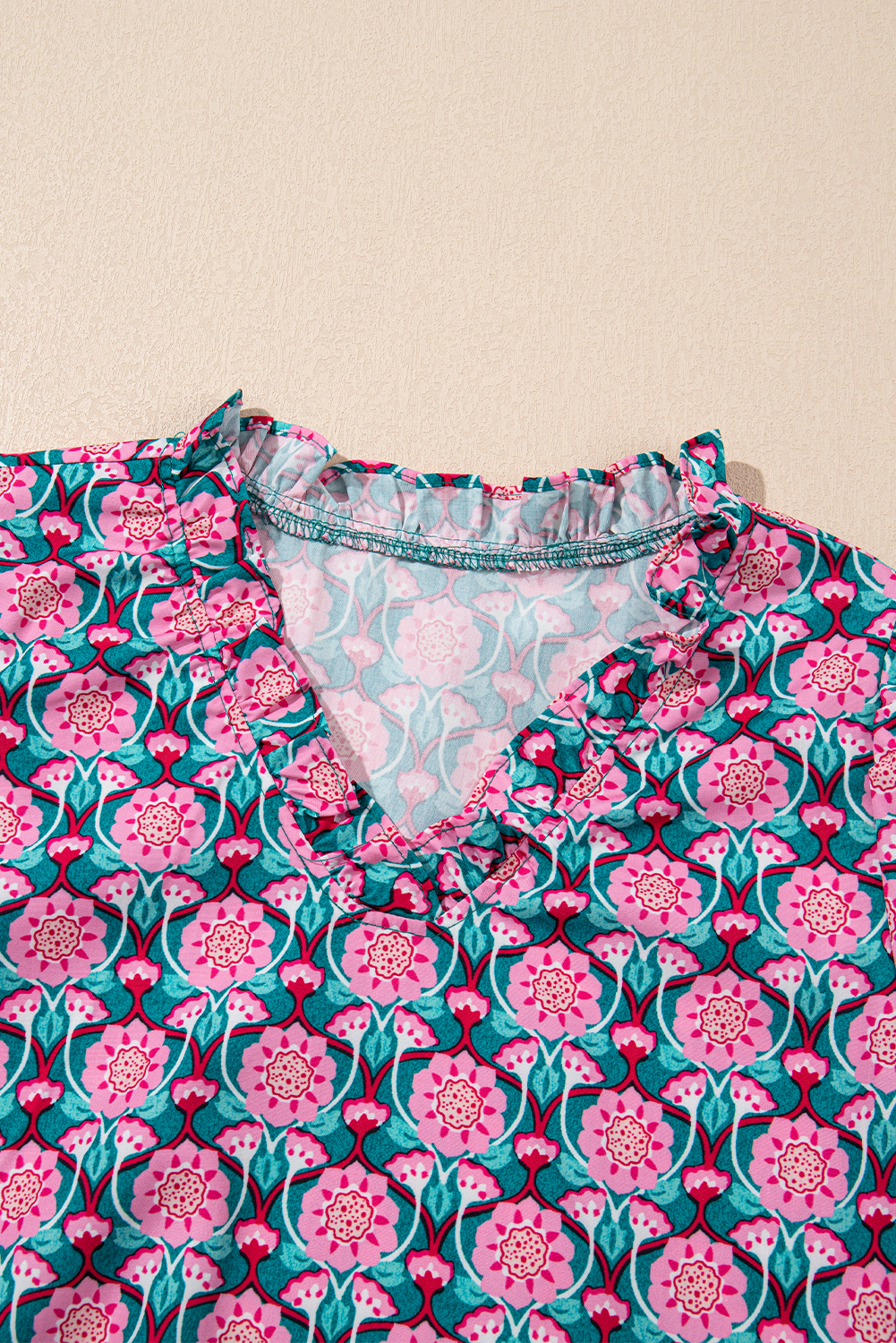Sachet Pink V-Neck Ruffle Abstract Floral Print Puff Sleeve Top - Image 7