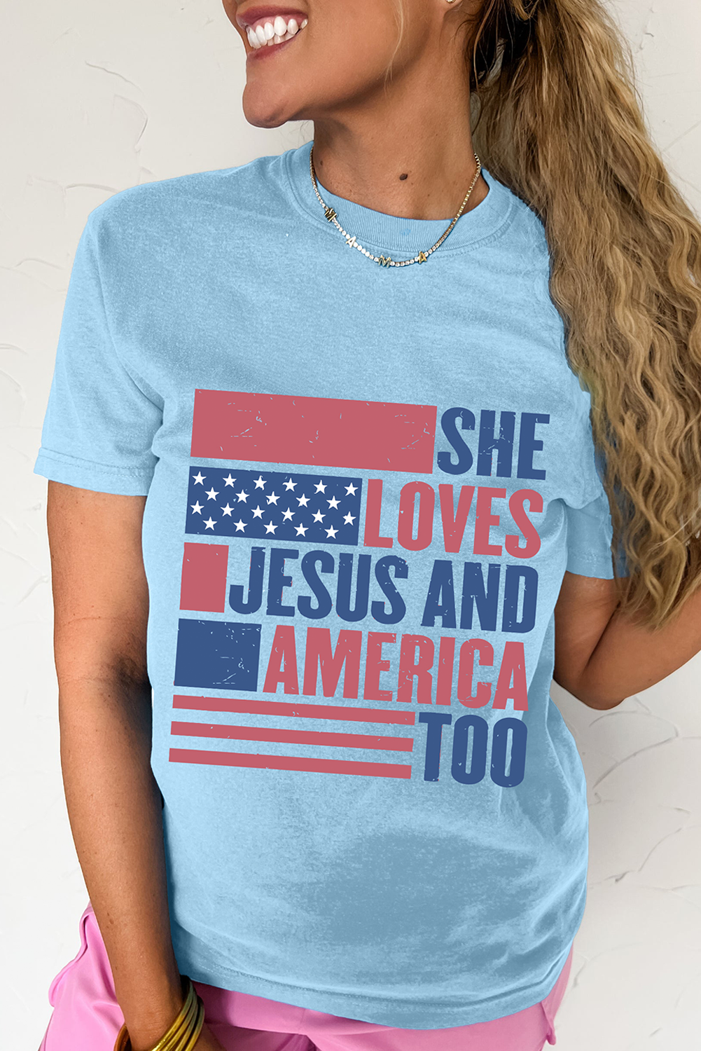 Light Blue SHE LOVES JESUS AND AMERICA TOO Flag Graphic T Shirt - Image 2
