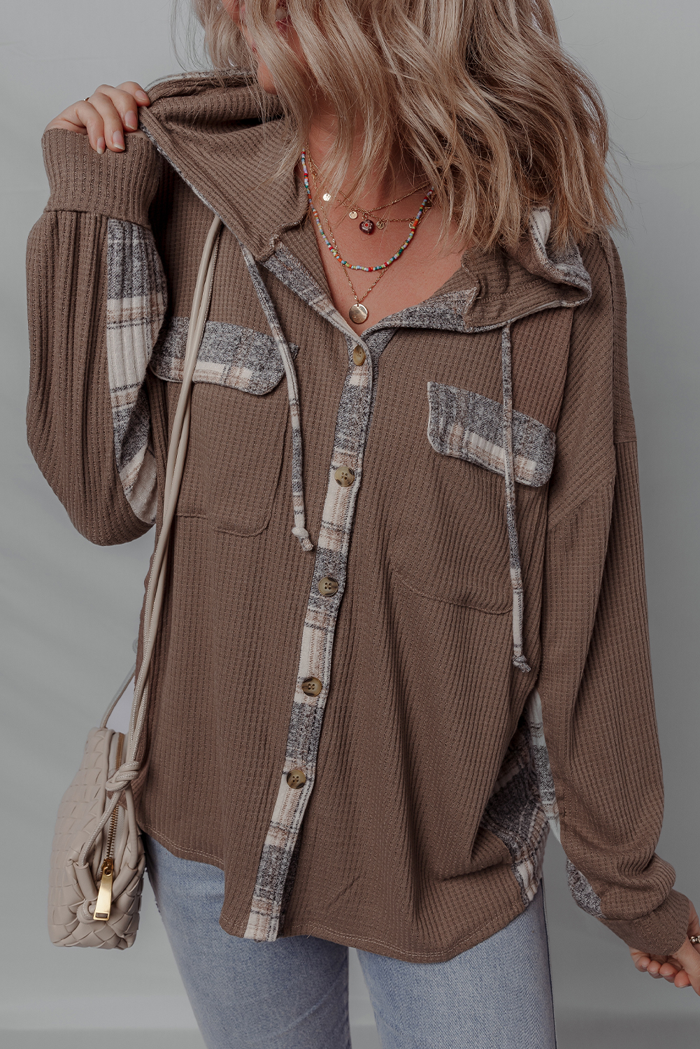 Brown Plaid Patchwork Button Down Drawstring Hooded Shacket - Image 3