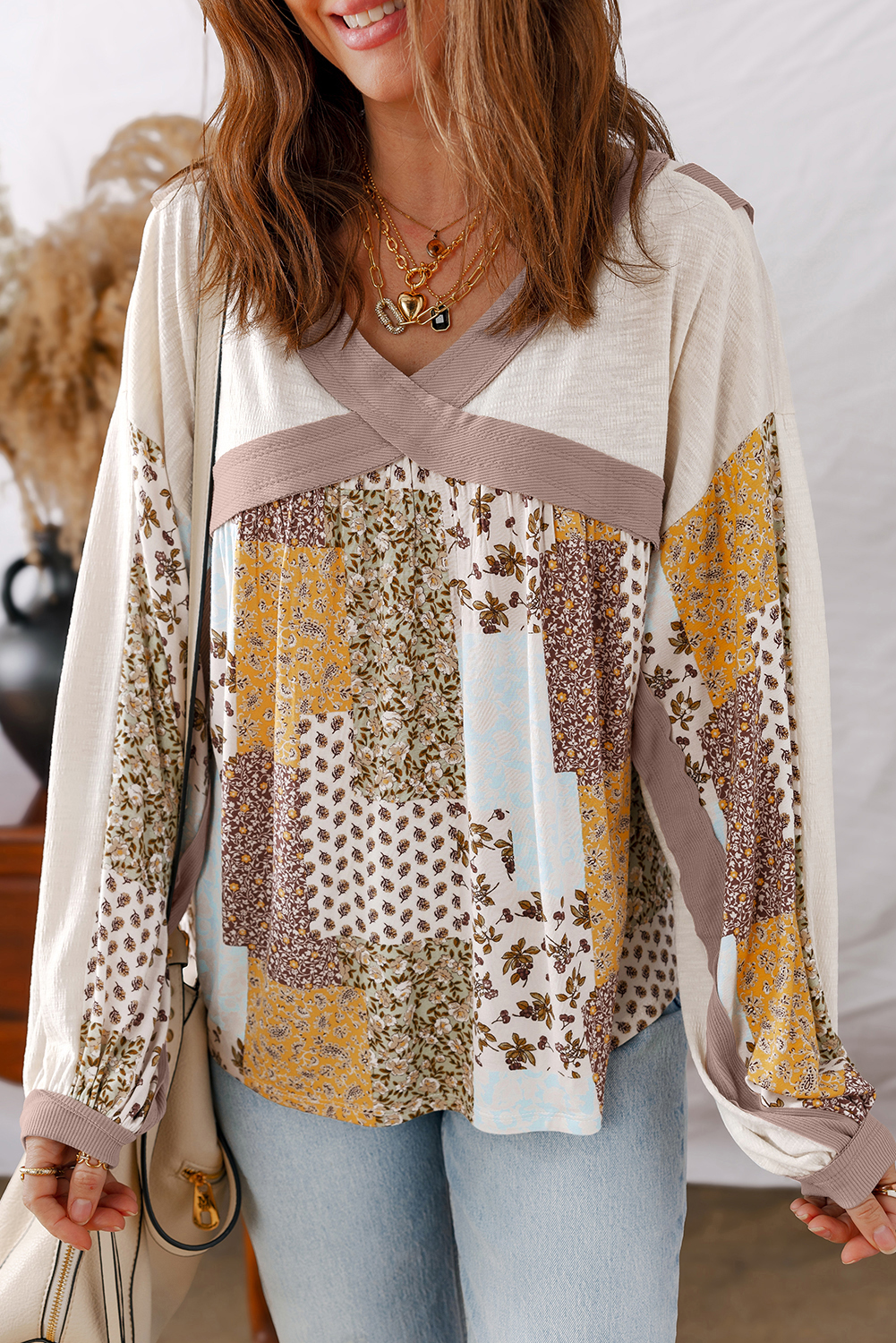 White Floral Printed Contrast Patchwork Long Sleeve Top - Image 8
