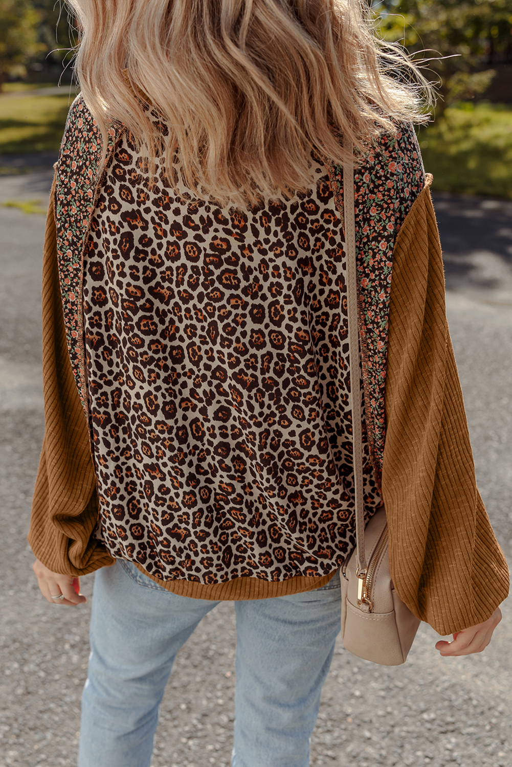 Brown Leopard Floral Print Ribbed Puff Sleeve Patchwork Loose Pullover - Image 2