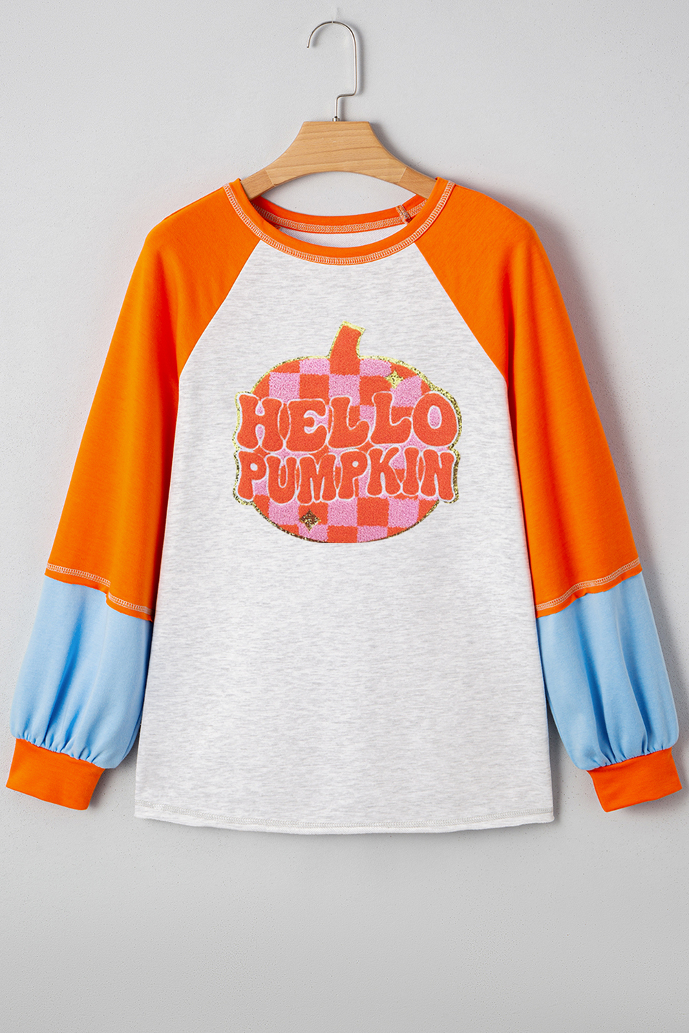 Light Grey HELLO PUMPKIN Patched Graphic Colorblock Bubble Sleeve Raglan Top - Image 5
