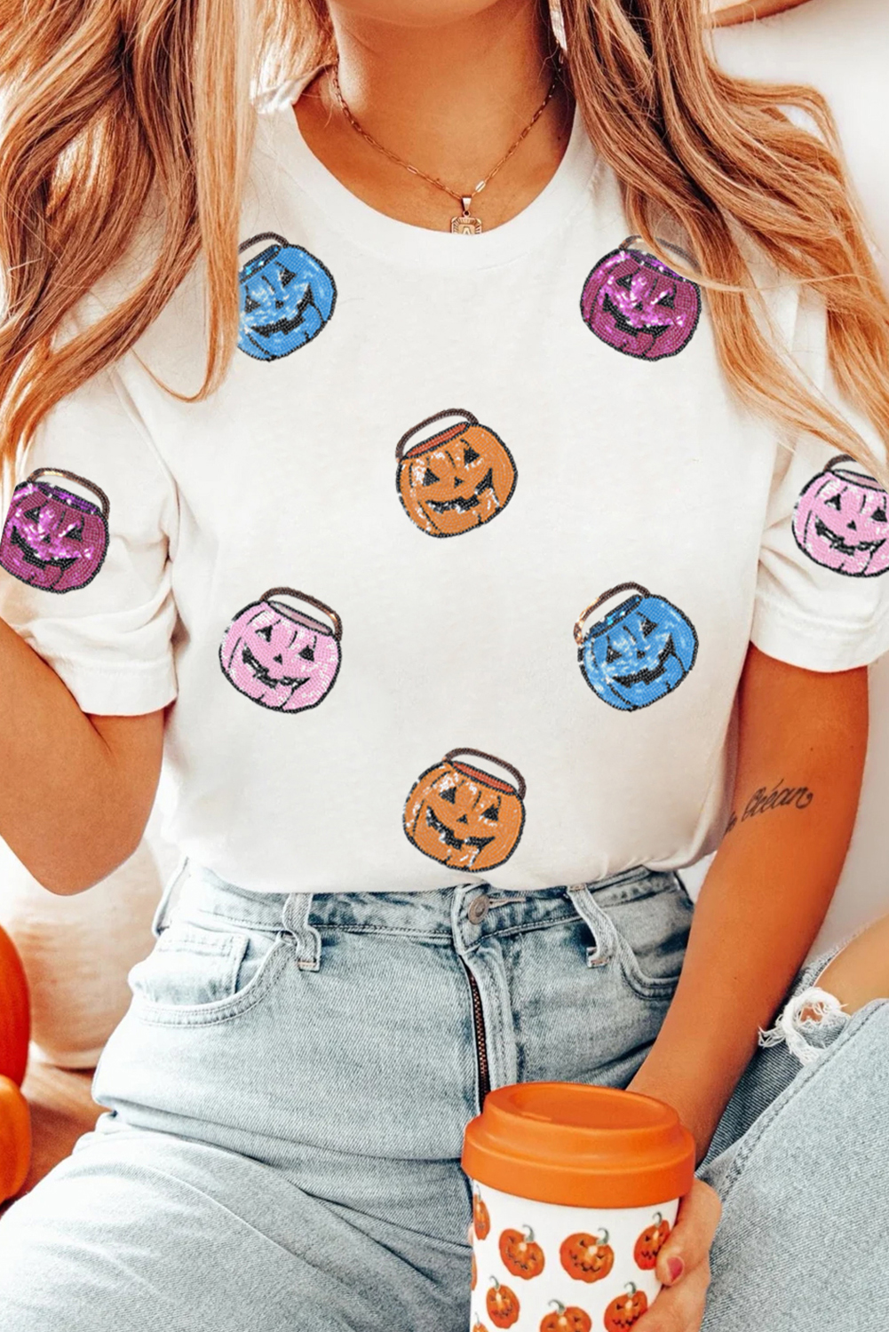 White Sequin Pumpkin Face Patched Crew Neck Holiday T Shirt - Image 2