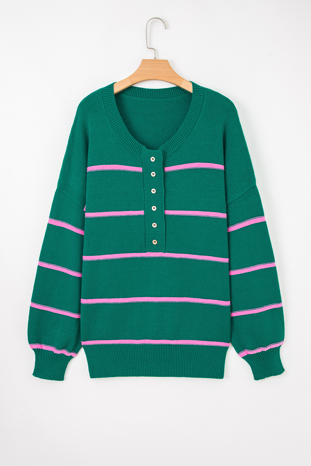 Green Stripe Half Buttons Drop Shoulder Plus Size Sweater - Image 7