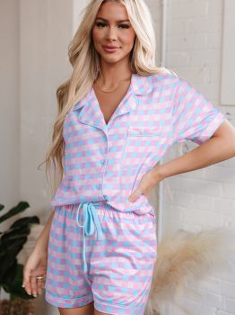 Purple Checkered Pattern Short Sleeve Pajamas Set