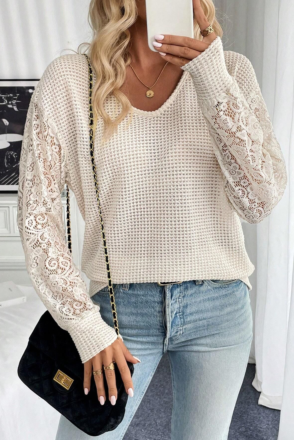 Beige V Neck Breathable Knit Drop Shoulder Lace Sleeve Patchwork Top - Image 6