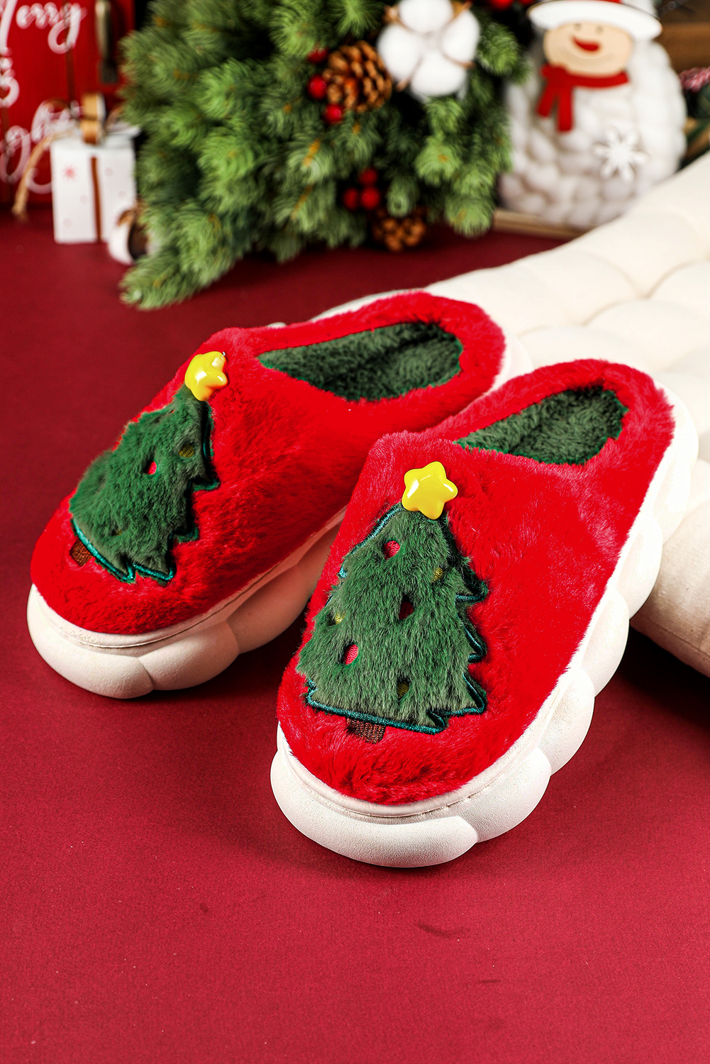Fiery Red Christmas Tree Graphic Thick Sole Plush Slippers - Image 5