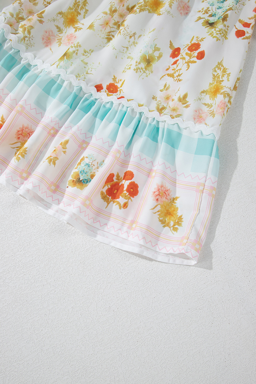 Pink Ric Rac Plaid Floral Print Patchwork Bubble Sleeve Dress - Image 6