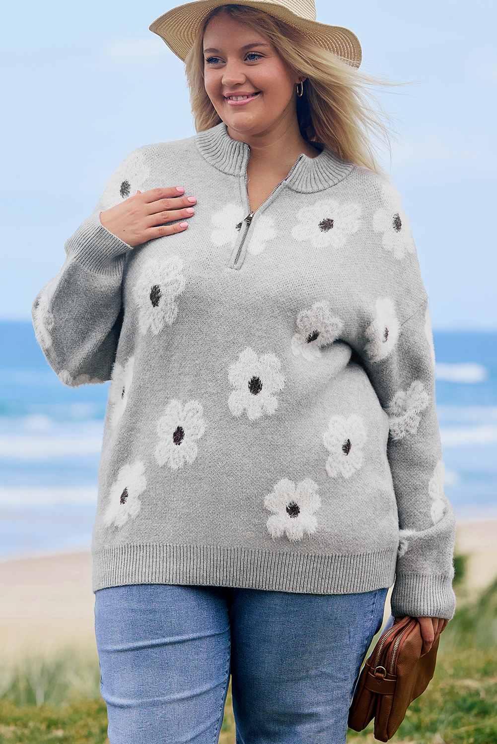 Gray Plus Size Embroidered Floral Pattern Half Zip Sweater - Image 8