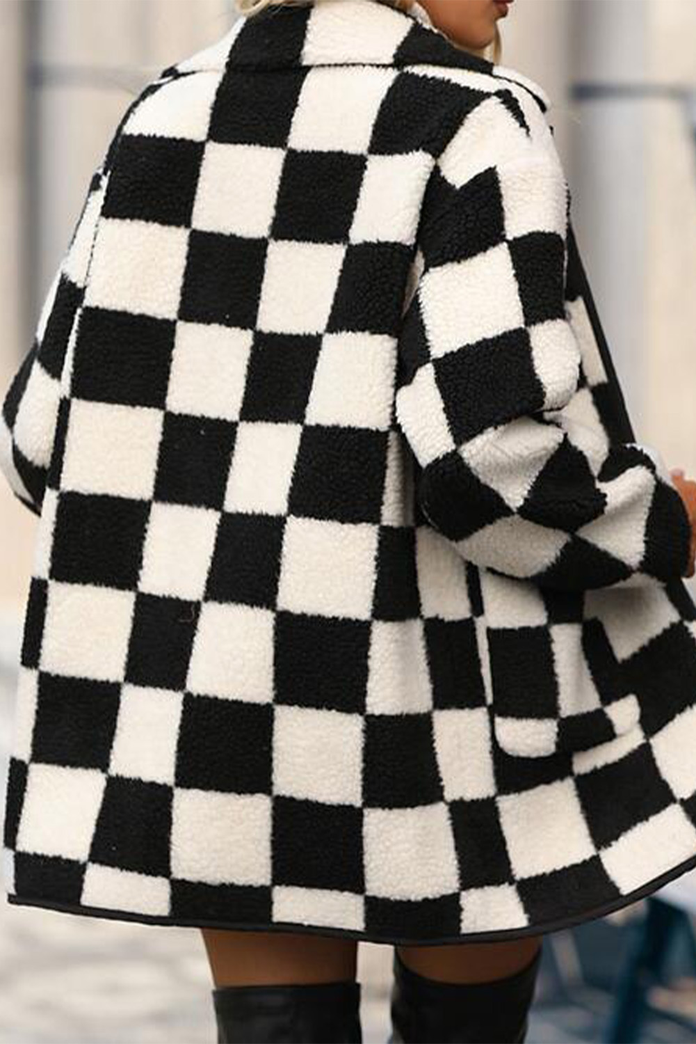 Black Checkered Side Pockets Collared Buttoned Fleece Jacket - Image 7