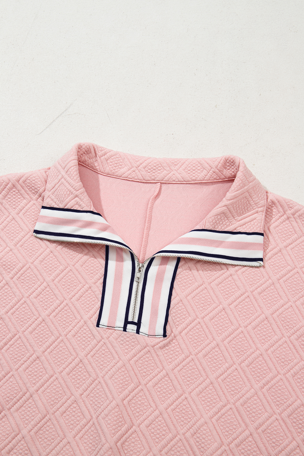 Light Pink Contrast Striped Collar Patchwork Textured Half Sleeve Blouse - Image 7