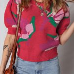 Red Floral Abstract Print Short Puff Sleeve Sweater
