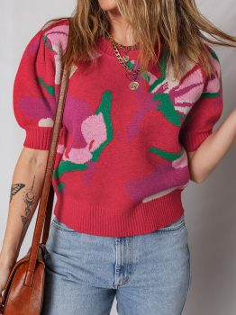 Red Floral Abstract Print Short Puff Sleeve Sweater