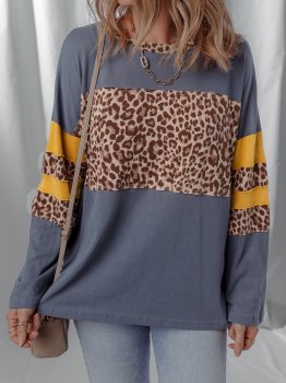 Dark Blue Leopard Colorblock Patchwork Long Sleeve Drop Shoulder Top