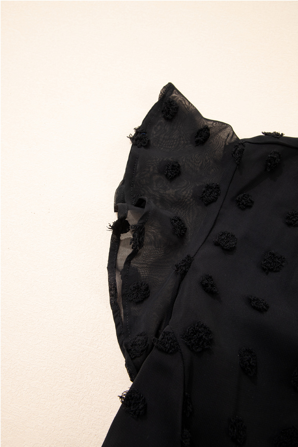 Black Dotty Textured Notched Neck Plus Ruffled Dress - Image 7
