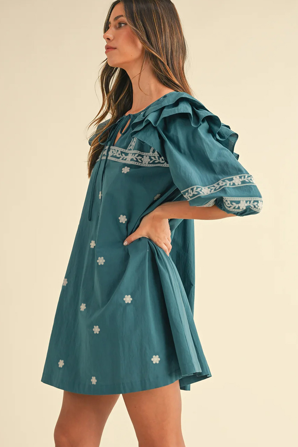 Skobeloff Boho Floral Ruffle Puff Sleeve Lace-up V Neck Mini Dress - Image 2