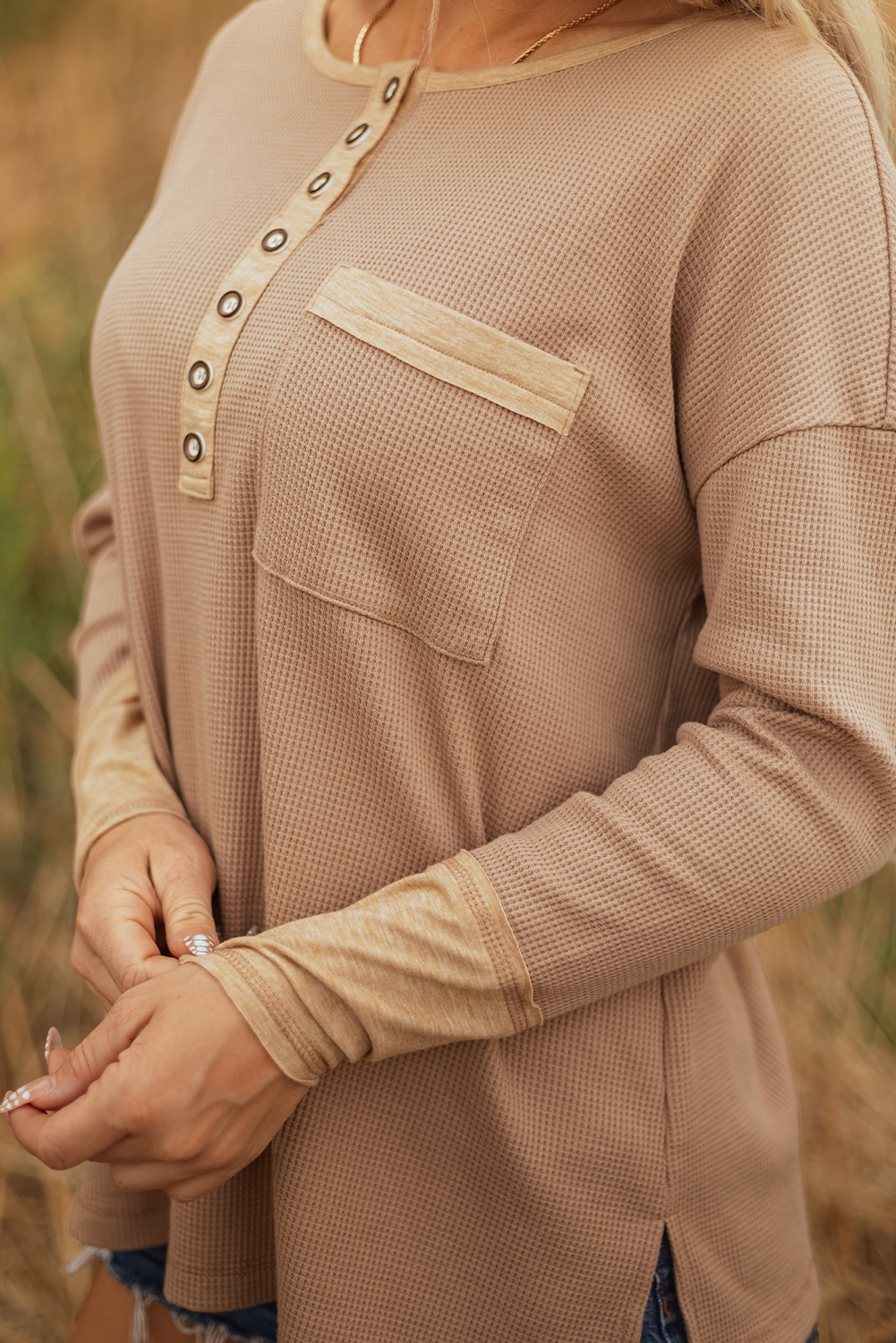 Dark Khaki Color Block Waffle Textured Tunic Henley Top with Slits - Image 8