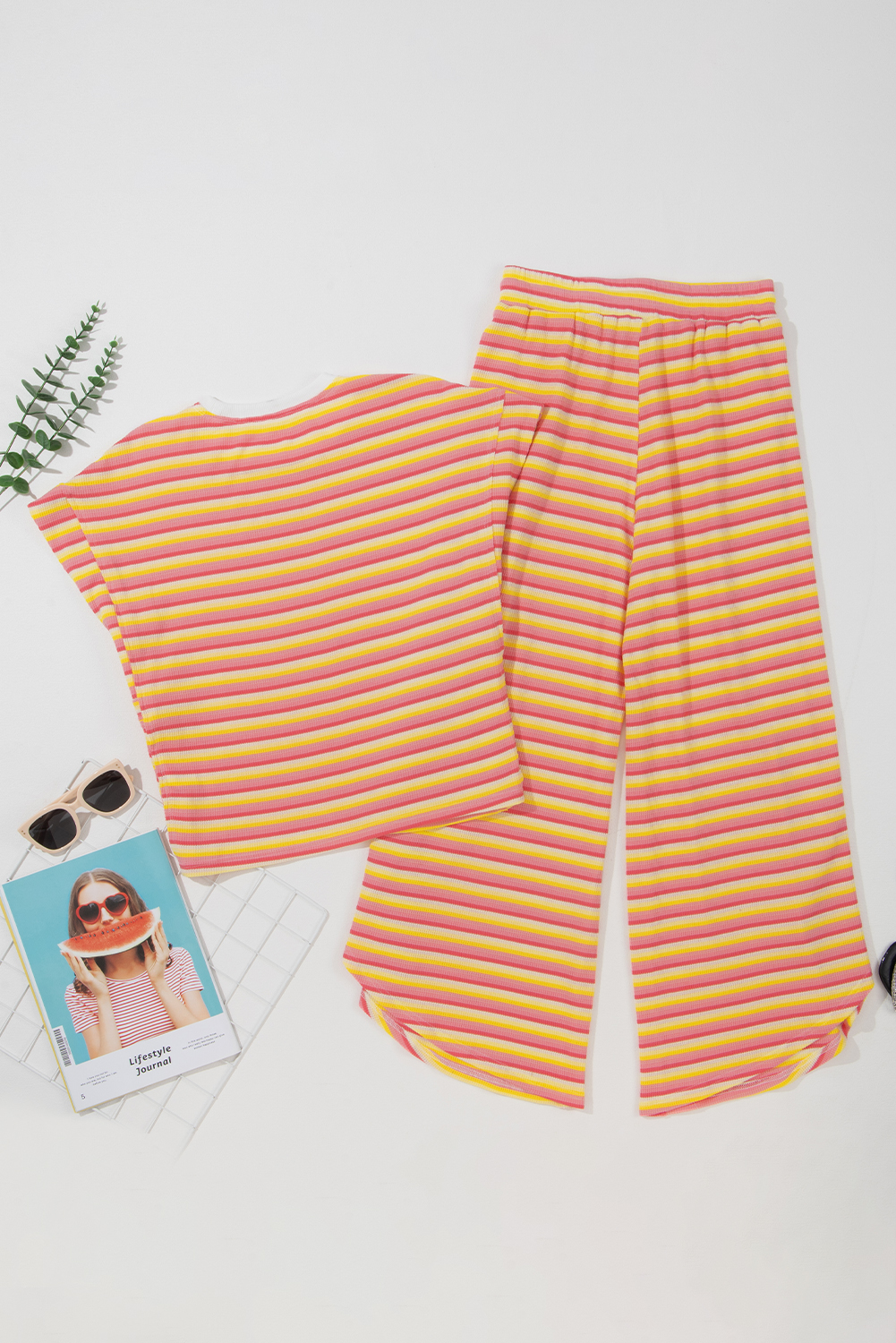 Yellow Stripe Rainbow Tee Tasseled String Wide Leg Pants Set - Image 7