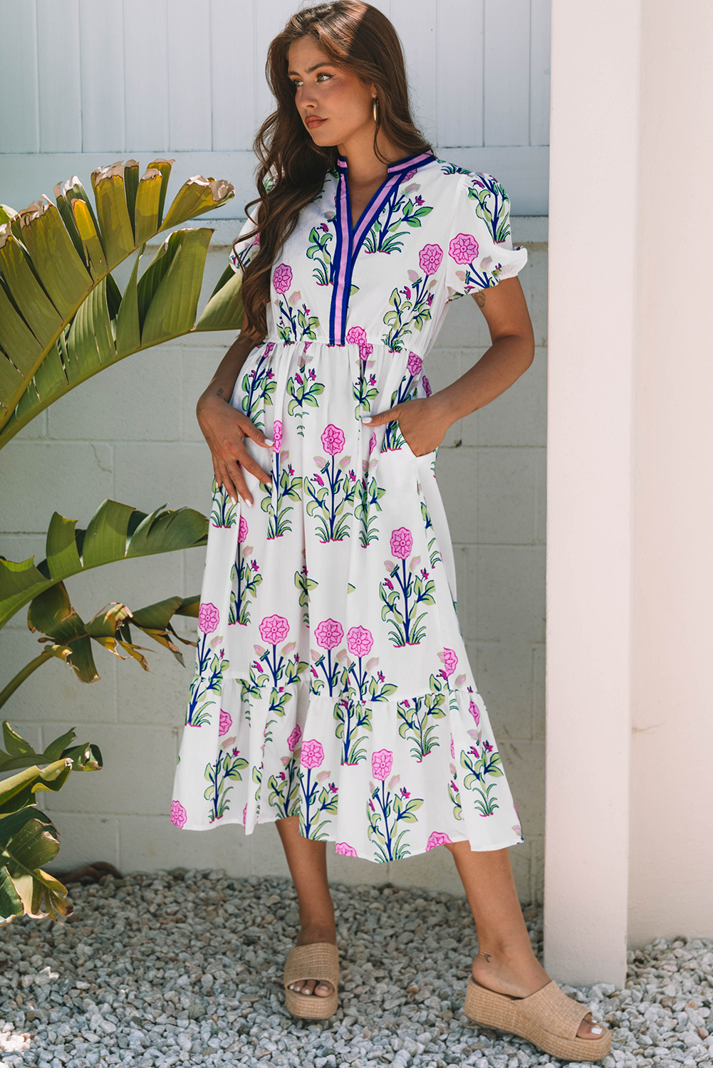 White Floral Puff Short Sleeve V Neck High Waist Maxi Dress - Image 6