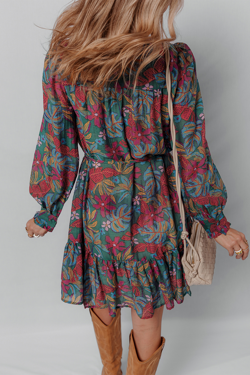 Green Floral Friled V Neck Puff Sleeve Ruffled Shirt Dress - Image 7