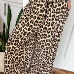 Parchment Leopard Drawstring Elastic Waistband Flowy Wide Leg Pants