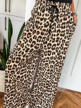 Parchment Leopard Drawstring Elastic Waistband Flowy Wide Leg Pants