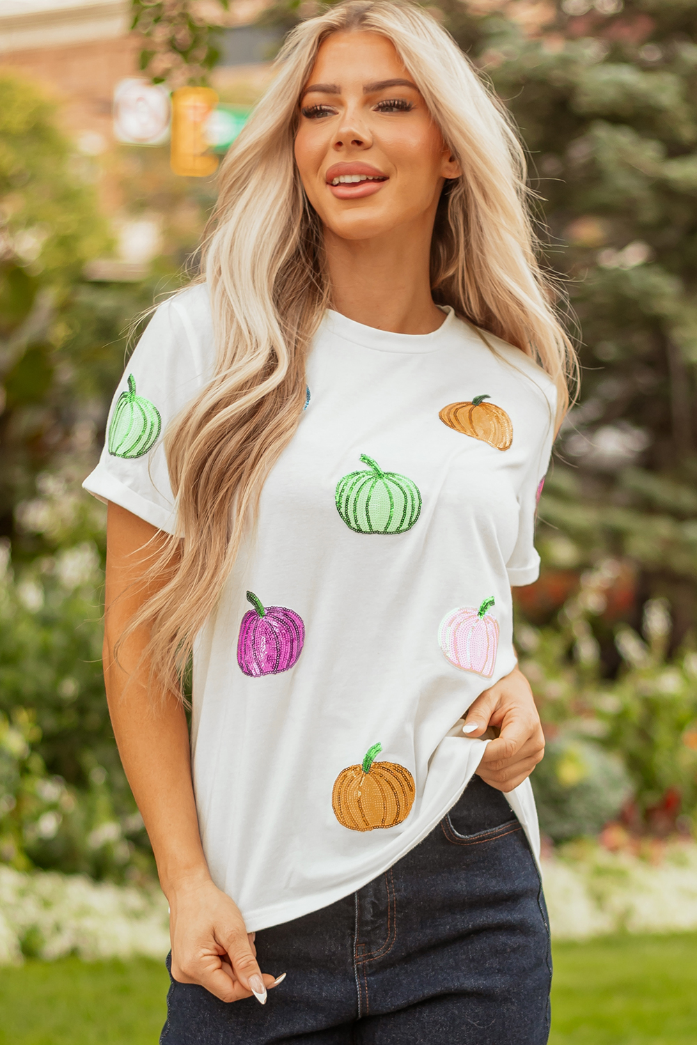 White Sequin Pumpkin Patched Cotton Blend T Shirt - Image 5