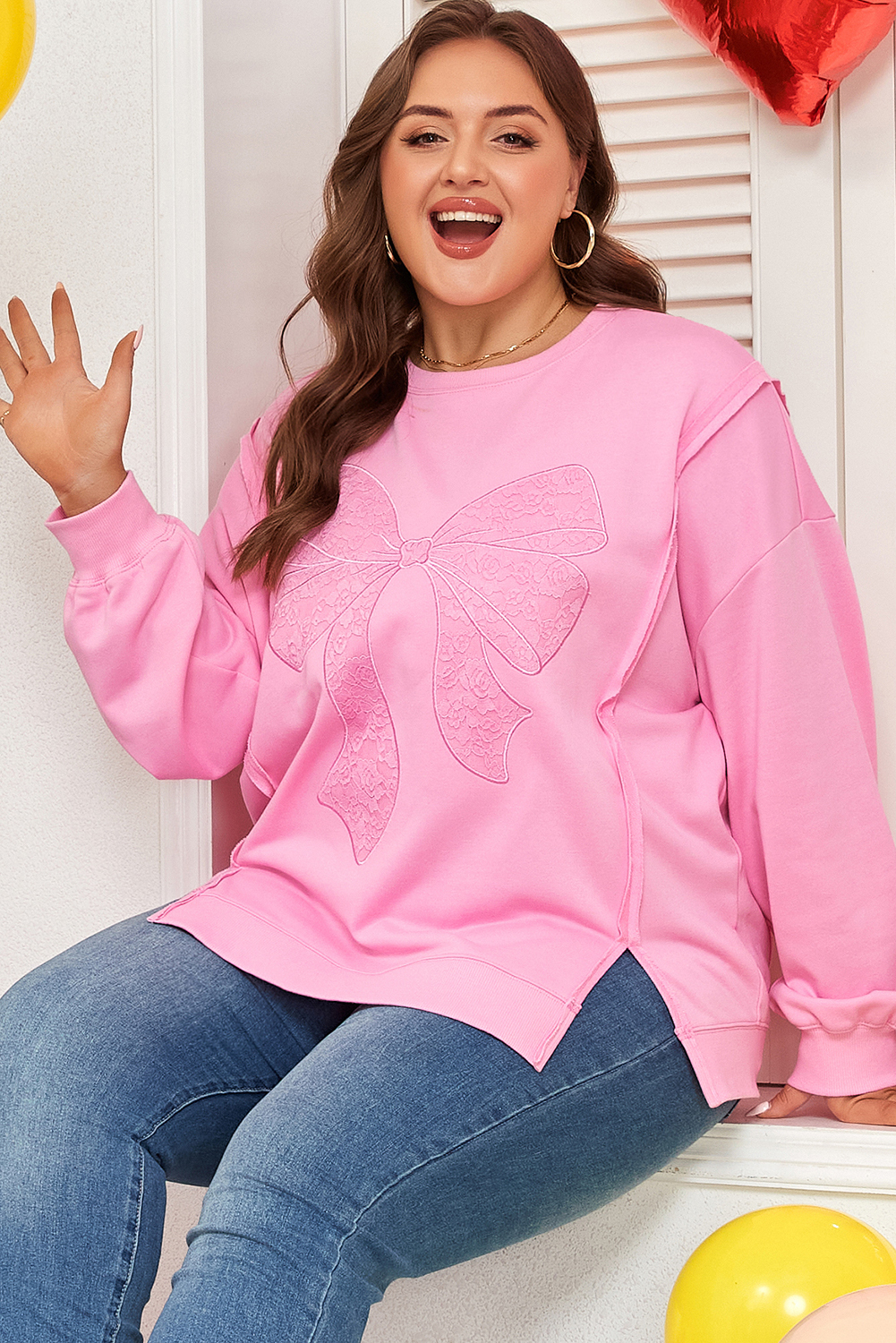 Pink Big Bow Lace Embroidered Dolman Sleeve Slit Plus Size Sweatshirt - Image 3