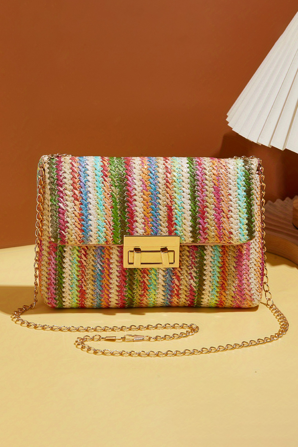 Strawberry Pink Bohemian Woven Gold Chain Shoulder Bag - Image 8