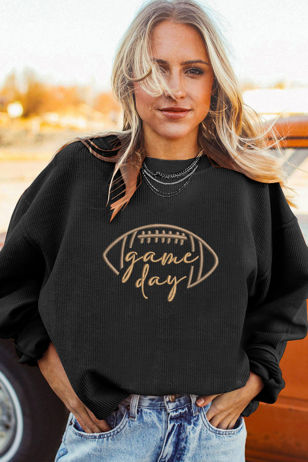 Black Rugby Game Day Embroidered Corduroy Sweatshirt - Image 4