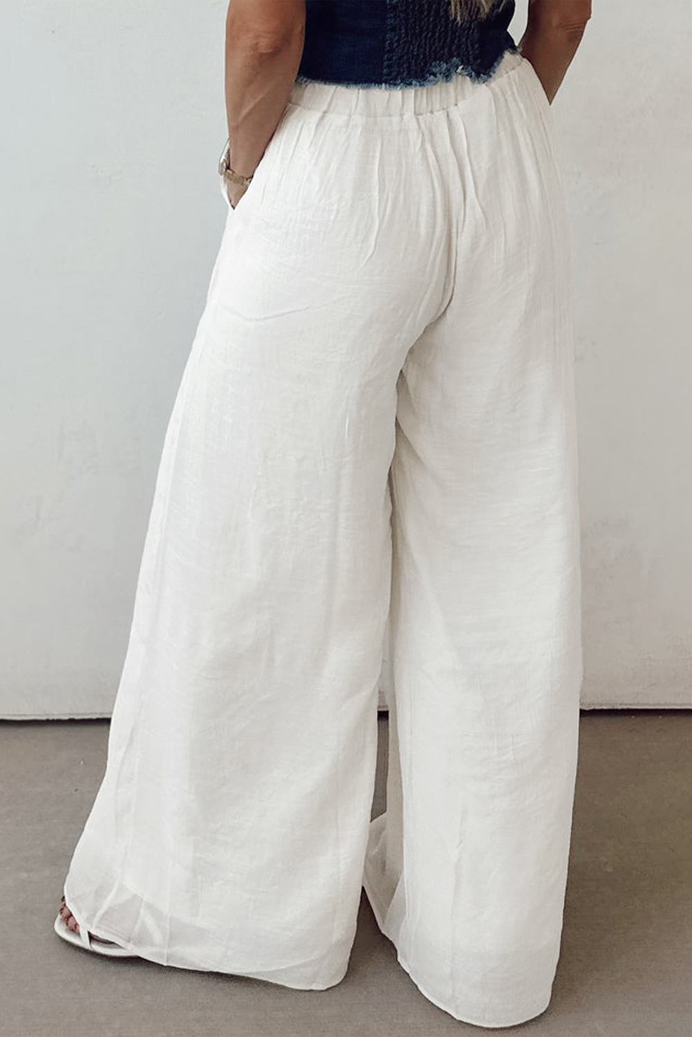 White Solid Drop Waist Pleated Wide Leg Casual Pants - Image 2