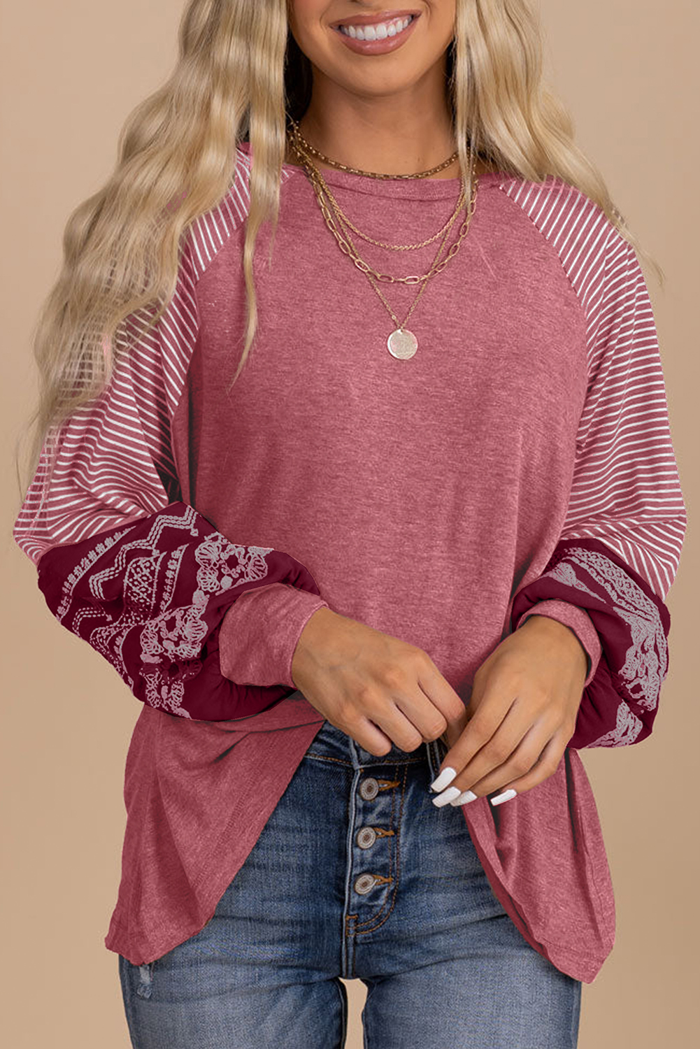 Mineral Red Contrast Print Striped Raglan Long Sleeve Loose Top - Image 8