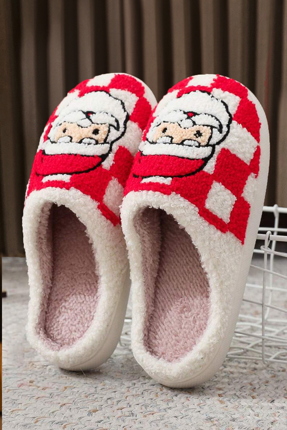 Fiery Red Checkered Santa Claus Graphic Plush Home Slippers - Image 7