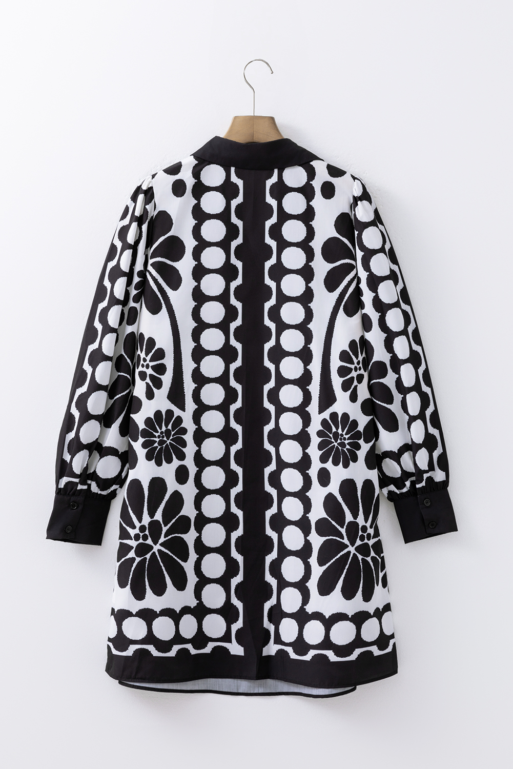 Black Polka Dot Floral Printed V Neck Long Sleeve Shift Mini Dress - Image 6