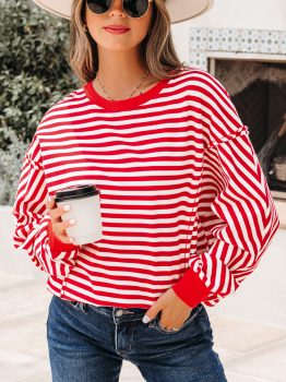 Red Stripe Exposed Seam Drop Shoulder Casual Pullover Top