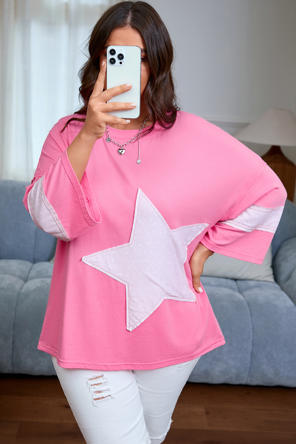 Pink Star Patched Colorblock Raw Edge Bracelet Sleeve Plus Size Loose Tee - Image 4