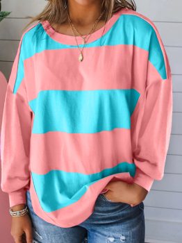 Light Blue Colorblock Striped Drop Shoulder Loose Top