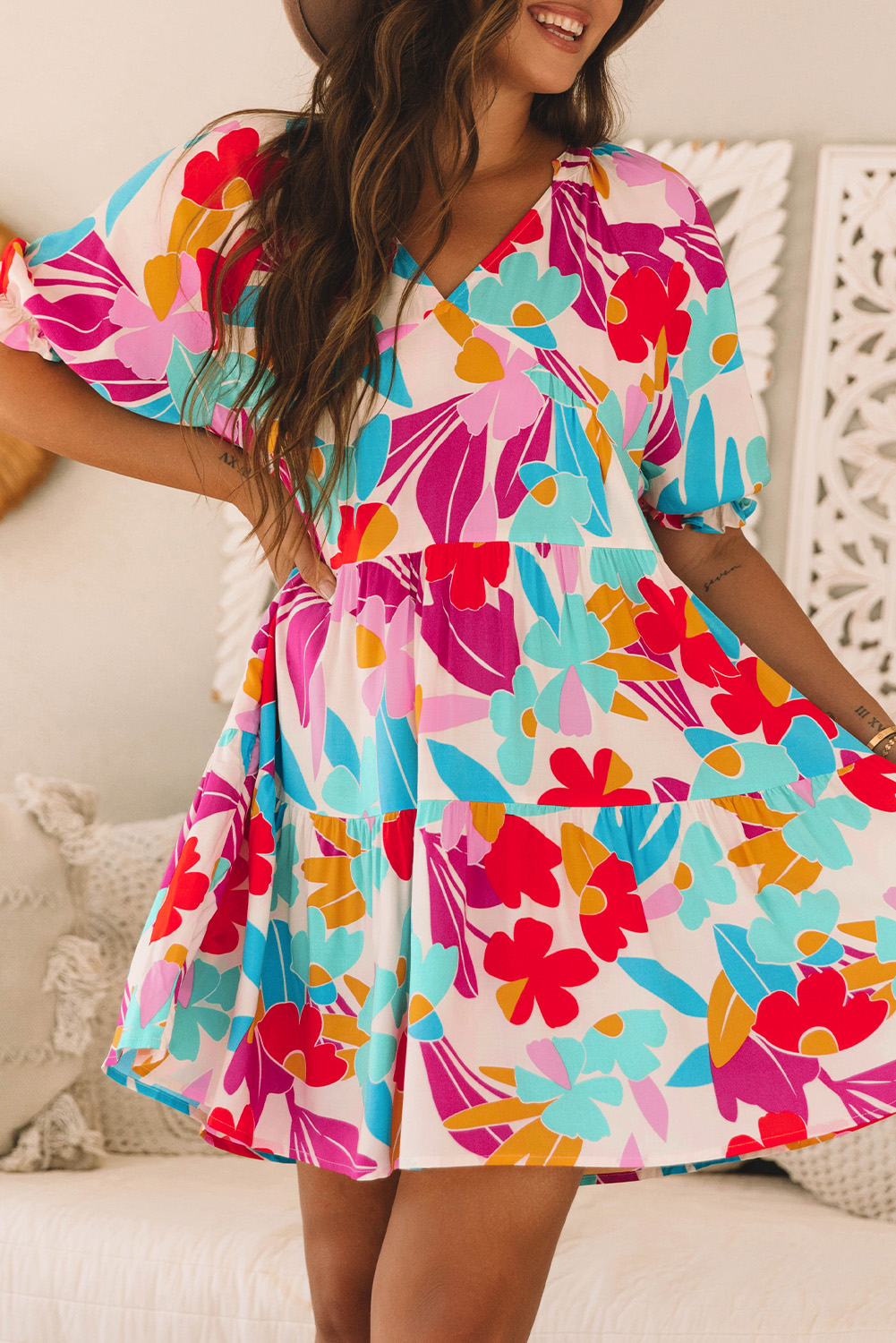 Rose Red Floral Bubble Sleeve V Neck Tiered Ruffle Babydoll Dress - Image 6